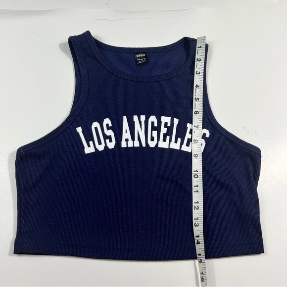 SHEIN Los Angeles Navy Cropped Racerback Spellout Collegiate Graphic Tank Top L - Picture 5 of 6